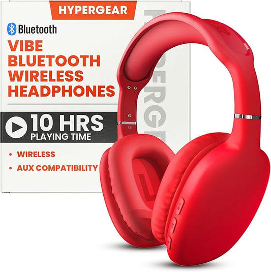 HyperGear Wireless Headphones Bluetooth Red- Noise Isolation Headphones Wireless Over The Ear Head Phones, Gym Headset Built-in Mic Controls Square Foam Cups Foldable Headphone for Women and Men