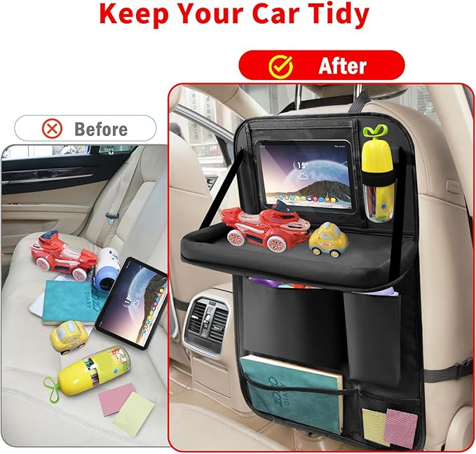 Etre Jeune Car Backseat Organizer with Tablet Holder, 6 Storage Pockets Foldable Table Tray Seat Back Protectors Kick Mats Travel Accessories, 2 Pack Black