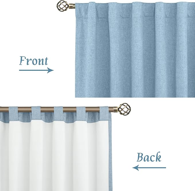 LAMIT Linen 100% Blackout Window Curtains for Bedroom, 45 Inches Linen Textured Thermal Farmhouse Curtains Back Tab and Rod Pocket Window Panels with White Liner, 2 Panels, 38 x 45 Inch, Stone Blue