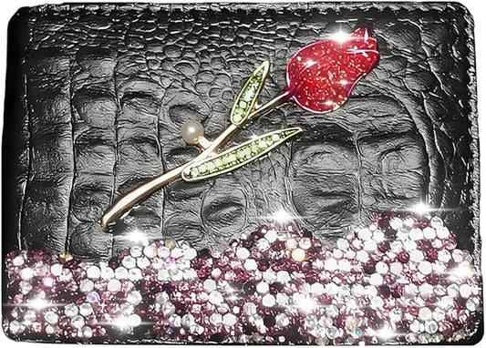 Bling Sparkle Rhinestone Flower Leather Credit Card Holder,10 Slots BlankDriver's License Holder for Women and Men, Multi-Functional Card Organizer for Documents, ID Cards, License (Black)