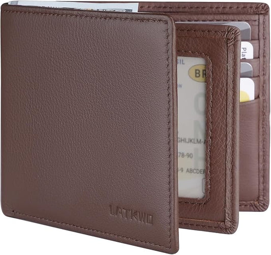 LATKWO Mens Wallet - Genuine Leather Bifold RFID Blocking Slim Front Pocket Large Capacity with 10 Card Slots, 2 ID Windows & 2 Cash Pockets - Heavy Duty Stitched Gift for Men (Brown)