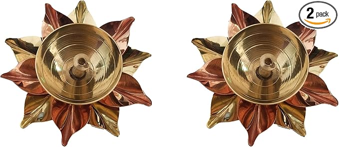 athizay Brass Diyas Pack of 2 for Pooja Virgin Brass Indian Diya Set Oil lamp Sets for Gifting Home Decor Lotus Vilakku (Kamaldeep Set)