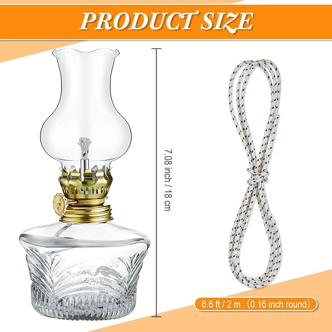 Yexiya 12 Pcs Chamber Oil Lamps Oil Lamp Vintage Glass Kerosene Lamp Bulk with Adjustable Fire Wick Rustic Clear Hurricane with 6.6 ft Extra Wick for Indoor Use Home Decor 8 Inch (Line Style)
