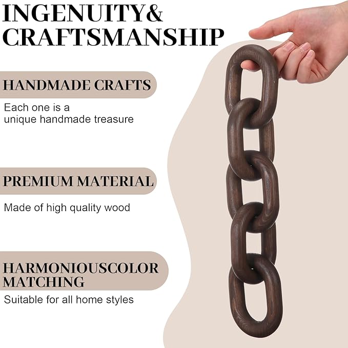 Queekay Decorative Wood Chain Link Decor Rustic Wooden 5 Link Wooden Decor Ornament Farmhouse Home Decoration Hand Carved Wood Chain Ornaments for Coffee Table(Dark Walnut)