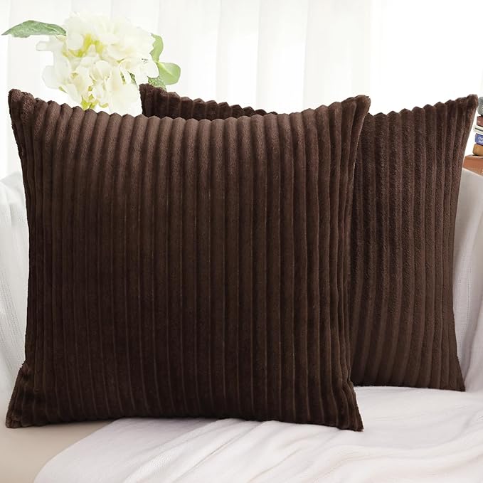 Simmore Decorative Spring Euro Sham Throw Pillow Covers 22x22 Set of 2, Soft Natural Plush Flannel Double-Sided Fluffy Couch Pillow Covers for Sofa Living Room, Brown