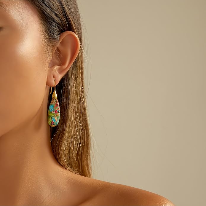 Natural Healing Stone Fishhoop Dangle Drop Earrings Statement Gold silver earrings