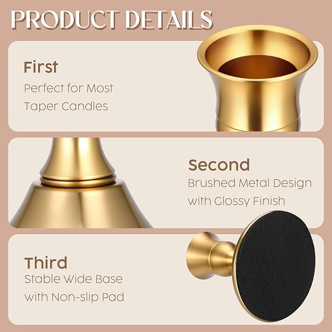12PCS Brass Gold Taper Candle Holders Set, Vintage Metal Candlestick Holders for Table Centerpiece, Wedding Reception, Festive Christmas Mantel Decoration or Home Decor