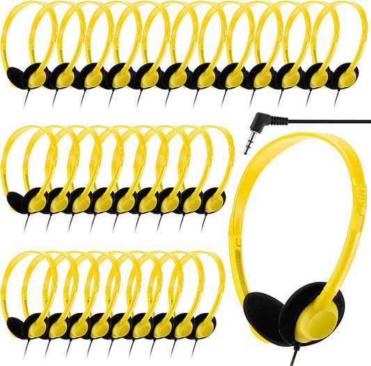 Yunsailing 30 Pack Bulk Headphones Set Over Ear Headphones with Adjustable Headband 3.5mm Plug Headsets Earphones for Learning Program, Computer Lab, Library, Testing & Multimedia Use (Yellow)