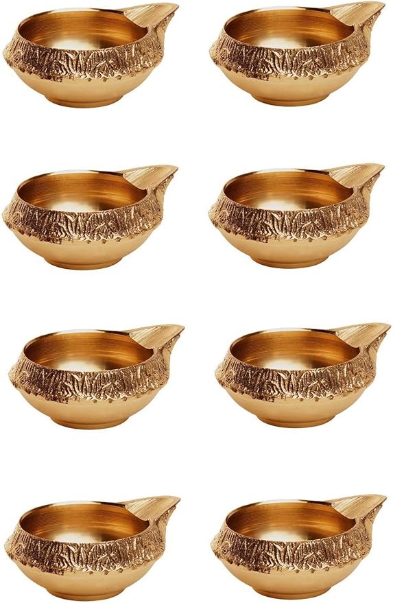 AVADOR Handmade Brass Indian Puja Oil Lamp, Golden Diya Lamp Engraved Design Diya for Diwali Pooja 2.5 Inch (8)
