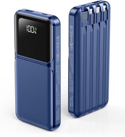 Portable Charger with Built in Cable - Power Bank Fast Charging USB C LED Display 10000mah Battery Pack 5 Outputs & 3 Inputs for Travel Essentials iPhone Samsung Android Phones Tablets Blue