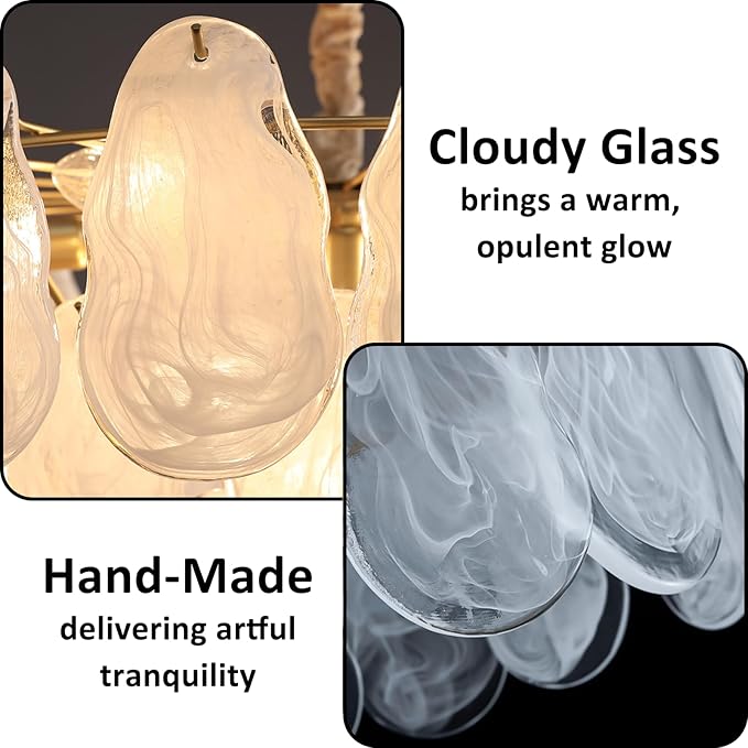 Gold Modern Chandelier 23in 9-Light Cloud Glass Pendant Light Mid Century Chandelier with White Shell Crystal Chandeliers for Bedroom Dining Room Living Room Kitchen Island Foyer