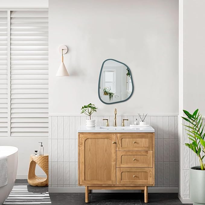Irregular Wooden Framed Wall Mirror Modern Asymmetrical Unique Hanging Mirror Artistic Mirror Decor Bathroom Vanity Bedroom Living Room Entryway Hallway 16'' x 12''