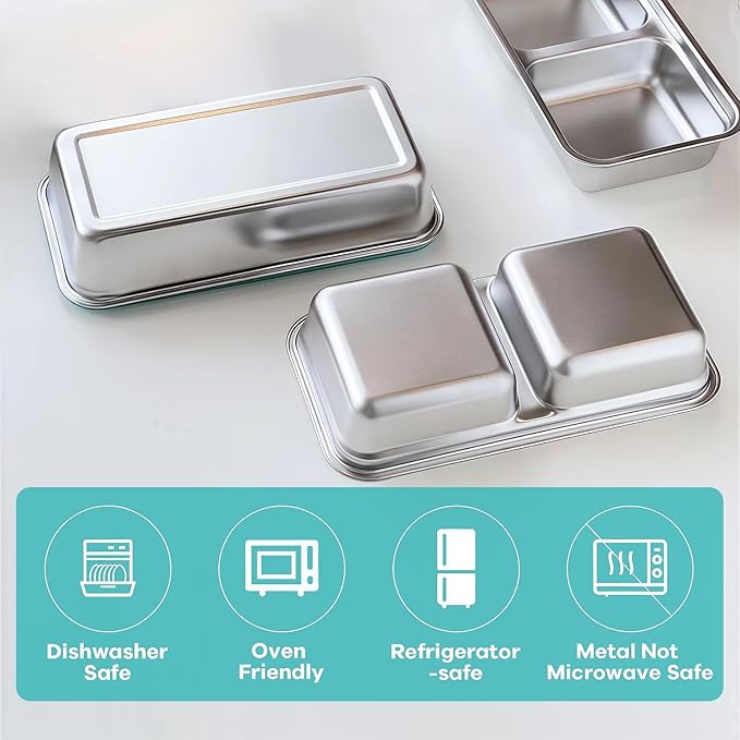 BSTUR 4Pcs 304 Stainless Steel Bento Boxes, 30 oz 2 Compartments Portable Food Storage Containers Snack Boxes with Leakproof Lids, Divided Meal Prep Lunch Box Food Container Dishwasher Safe