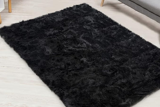 Silky Soft Faux Fur Rug, 6 ft. x 9 ft. Black Fluffy Rug, Sheepskin Area Rug, Rectangle Rug for Living Room, Bedroom, Kid's Room, or Nursery, Home Décor Accent, Machine Washable with Non-Slip Backing
