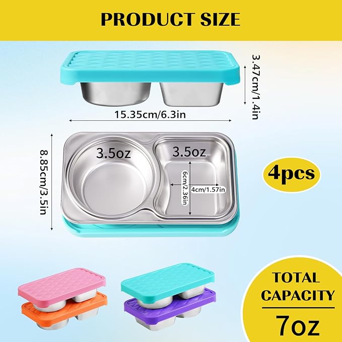 LVQVEV 2 Pack Stainless Steel Snack Containers, 2 Compartment Snack Container with Silicone Lids, Easy Open Leak Proof Reusable Metal Toddler Snack Containers for Daycare (Orange, pink)