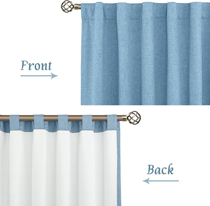 LAMIT Blue 100% Blackout Linen Curtains, 63 Inches Linen Textured Thermal Bedroom Curtains Back Tab and Rod Pocket Neutral Panels with White Liner for Farmhouse, 2 Panels, 38 x 63 Inch