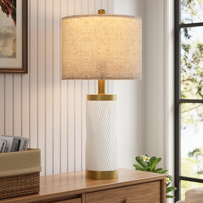 24.5" Modern Ceramic Table Lamp Set of 2 for Living Room, Table Lamps with USB Ports for Bedroom Set of 2， Farmhouse Bedside Nightstand Bedside Lamp End Table Lamps White