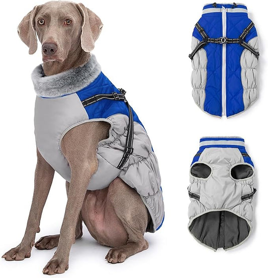 Abuandi Dog Winter Coat with Harness, Dog Jacket, Pet Clothes with Zipper on Back, Waterproof Windproof Warm Vest, Reflective Cold Weather Coats, for Small Medium Large Dogs, Thick, Blue, L