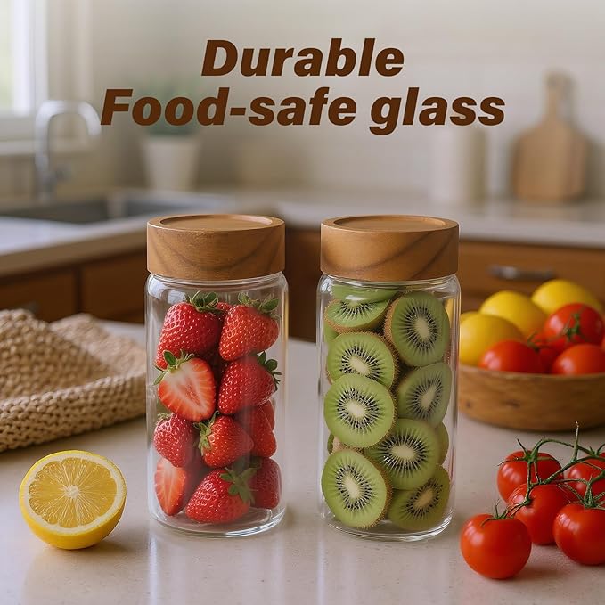 Zoaiirte 6 -Piece 13 oz Food-Grade Glass Mason Jars with Acacia Wood Lids, Sealable Waterproof, Transparent Easily Stackable for Overnight Oats, Spice Storage & Snack Organizing