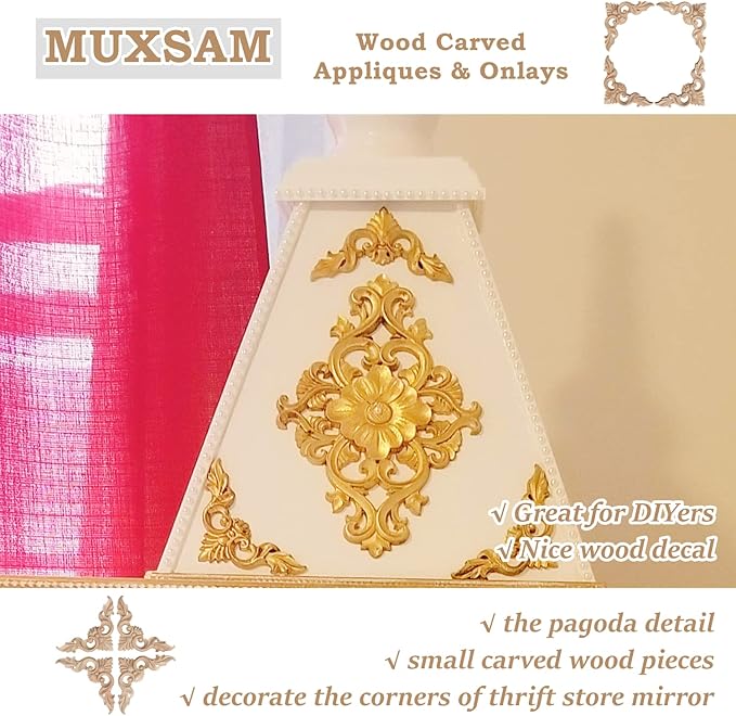 MUXSAM 4Pcs Wood Carved Appliques Onlays, Unpainted Little Wooden Corners Flower Carvings Decals for Mirrors Cabinets Walls Doors Chests Dressers Night Stand DIY Artwork Project, 8x8cm/3.15"x3.15"