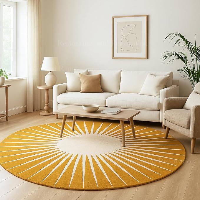 Modern Round Area Rug – Hand-Tufted with 100% NZ Wool, Thick & Soft Circular Carpet for Living Room, Bedroom & Dining Room Decor (Mustard, 5' Round)