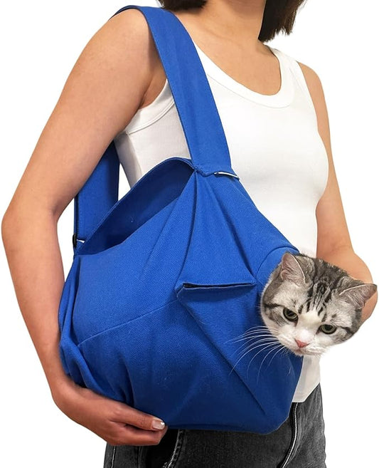 Amkune [Cozy Travel] Cat Carrier Pouch, Soft Cat Carrier for Small Cats, Kitten Carrying Bag, Restraint Bag for Nail Trimming, Vet Visits, Giving Meds, Car Travel - Klein Blue Upgrade