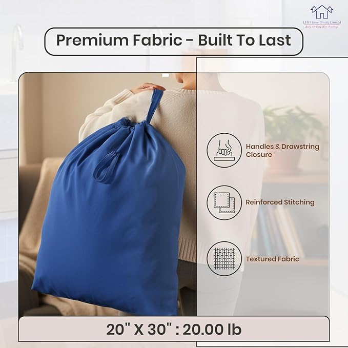 LFH Home Cotton Canvas Large Laundry Bag with Handle, Heavy Duty Drawstring Closure Washable Laundry Bags, School Travel, Home, Hotel, College Dorm, Organizer Sack, Toys Clothes 20x30-Sky Blue