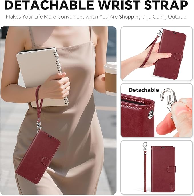 TUCCH Detachable Case Wallet for iPhone 17 Pro Max (6.9") 2025, Wrist Strap | 4 Card Slots RFID Blocking | Wireless Charging | Stand | 2-in-1 Magnetic | PU Leather | Shockproof Folio Cover | Dark Red