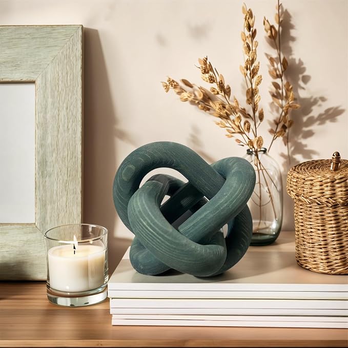 Wood Knot Decor -Coffee Table Decor Shelf Decor Table Books Hand Carved Home Decoration Boho Country Rustic Modern Shabby Chic Style 3 Link Wooden Knot Chain Link Decor (Dark Blue)