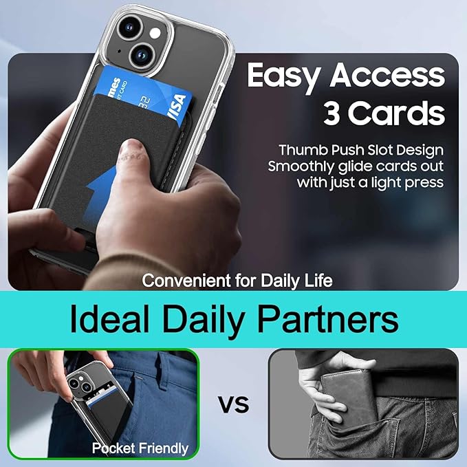 Magnetic for iPhone 14 Plus & iPhone 15 Plus Clear Case (Compatible with MagSafe) with Black Detachable Wallet & Card Holder for 3 Cards [RFID Blocking] Military Grade Protective Slim Phone Cover