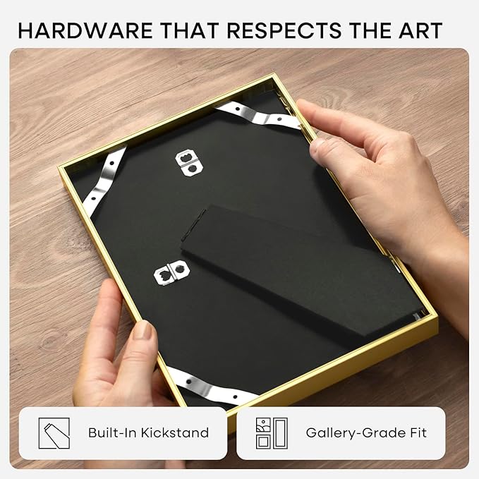 Homeforia 8x11 Picture Frame Gold, High End Metal 8 x 11 Poster Frames with Mat 6 by 9 for Photo, 11x8 Frame Matted to 6x9 inch Print, 8by11 Wall or Tabletop Frames, Tempered Glass, Wall Kit, Set of 1