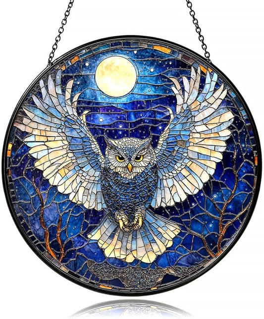 Owl Suncatcher - Moonlit Stained Glass Window Hanging Decor for Nature Lovers, Whimsical Night Bird Gift for Owl Enthusiasts,Sun Catchers Indoor Window, Outdoor Celestial Home Decoration (7.87 Inch)