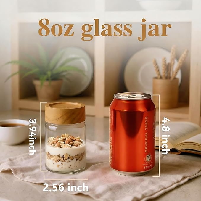 Zoaiirte 6pc 8oz Glass Mason Jars with Acacia Wood Airtight Lids - Food Storage Container Set, Clear Stackable Leakproof Kitchen Canisters for Meal Prep/Snack Organization/Spice Storage
