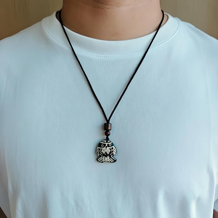 Handmade Black Bull Bone Pendant Necklace, Traditional Tribal Design, Wooden Beads, Adjustable Braided Rope, 24 Inch, Surfer Style