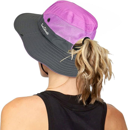 Women's Outdoor UV-Protection-Foldable Sun-Hats Mesh Wide-Brim Beach Fishing Hat with Ponytail-Hole