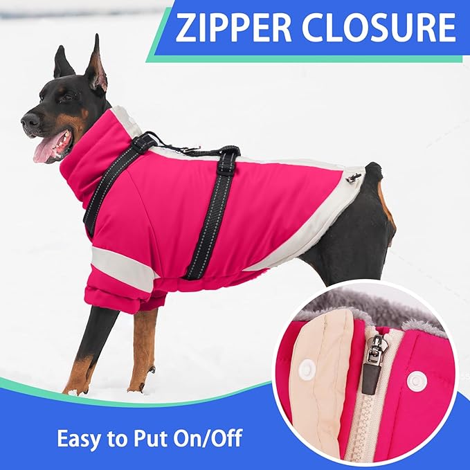 MIGOHI Reflective Dog Winter Coat,Warm Dog Jacket with Harness,Fleece Jacket for Large Dogs,Waterproof Pet Puffer Jacket Snowsuit,Windproof Pet Clothes for Cold Weather,Australian Shepherd,XL,Rosered