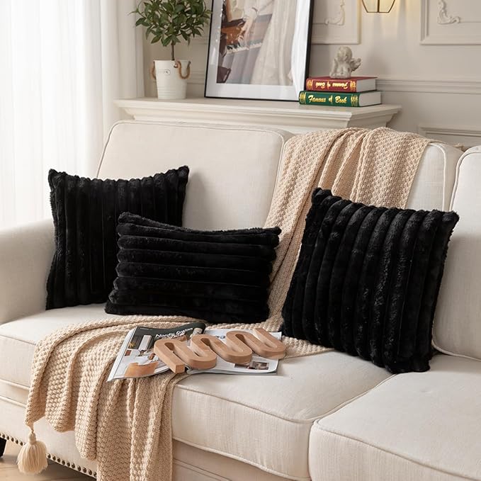 DEELAND Pack of 2,Double-Sided Faux Fur Plush Decorative Throw Pillow Covers Fuzzy Striped Soft Pillowcase Cushion Covers for Sofa Couch Bedroom Black 18x18 inch