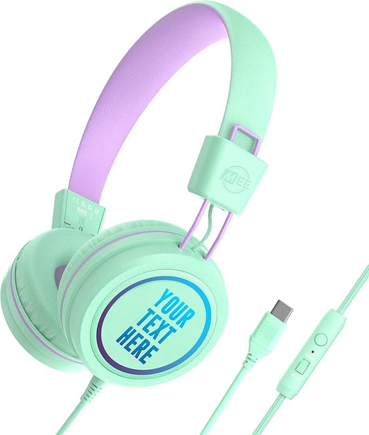 MEE audio KidJamz KJ55 Personalized USB-C Safe Listening Wired Headphones for Kids with Custom LED-Backlit Design, Volume Limiter, & Microphone for iPhone 15, iPad, & USB Type C Devices (Mint)