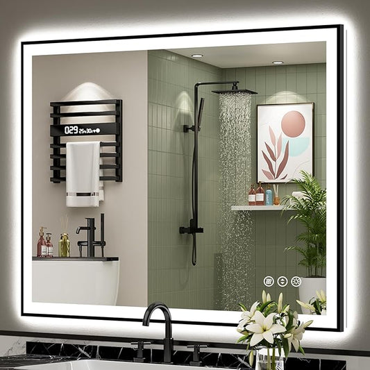 48x40 Inch Black Framed LED Bathroom Mirror with Lights, Backlit & Front Lit, Anti-Fog Lighted Vanity Mirrors for Bathroom Wall, Dimmable, 3-Color Light, Memory, Shatter-Proof, Tempered Glass