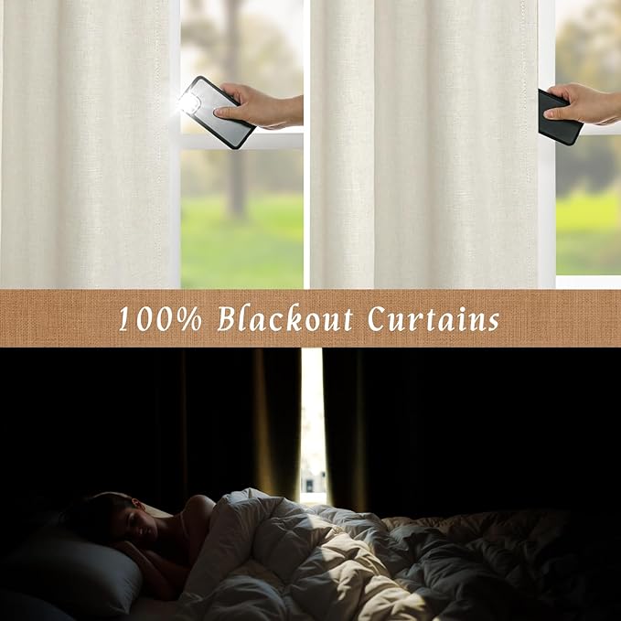 LAMIT Linen 100% Blackout Window Curtains for Bedroom, 45 Inches Linen Textured Thermal Farmhouse Curtains Back Tab and Rod Pocket Window Panels with White Liner, 2 Panels, 52 x 45 Inch, Ivory