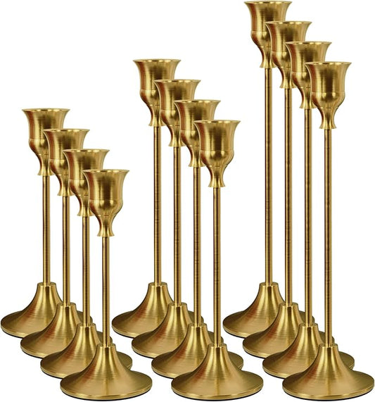 Set of 12 Brass Gold Taper Candle Holders, Candlesticks Holders Bulk, Vintage Candlestick Holder Decorative Metal Candle Sticks Home Decor Centerpieces for Table Mantel Festive Decorations