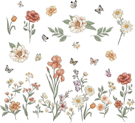 Watercolor Boho Flowers Wall Decals Wildflower Butterfly Garden Wall Stickers Removable Wall Art Decor for Living Room Bedroom