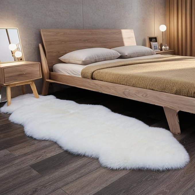 Premium Genuine Sheepskin Rug, Fuzzy Fluffy Shaggy Fur Wool Area Carpet for Soft Fur Pray Pup Mat,Bedroom,Living Room,Chair Sofa Seat Cover,Ivory White, 2' x 6'