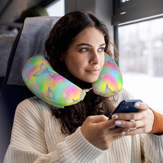 Neck Pillows for Travel Magic Tail Glitter Pink Mermaid, Women and Men Airplane Car Pillow, Neck Support U Shaped Pillow for Rest Pain Relief Sleeping