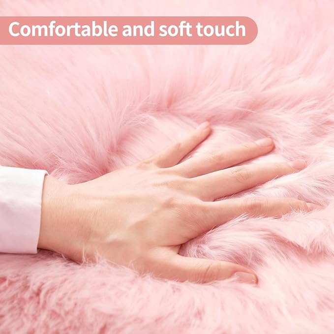 Pink Faux Fur Sheepskin Area Rug for Living Room Bedroom, 2 x 4 Feet Ultra Soft Shaggy Fuzzy Furry Carpet Chair Throw Rugs for Kids, Girls, Nursery Room Decor Dorms-Special Shape