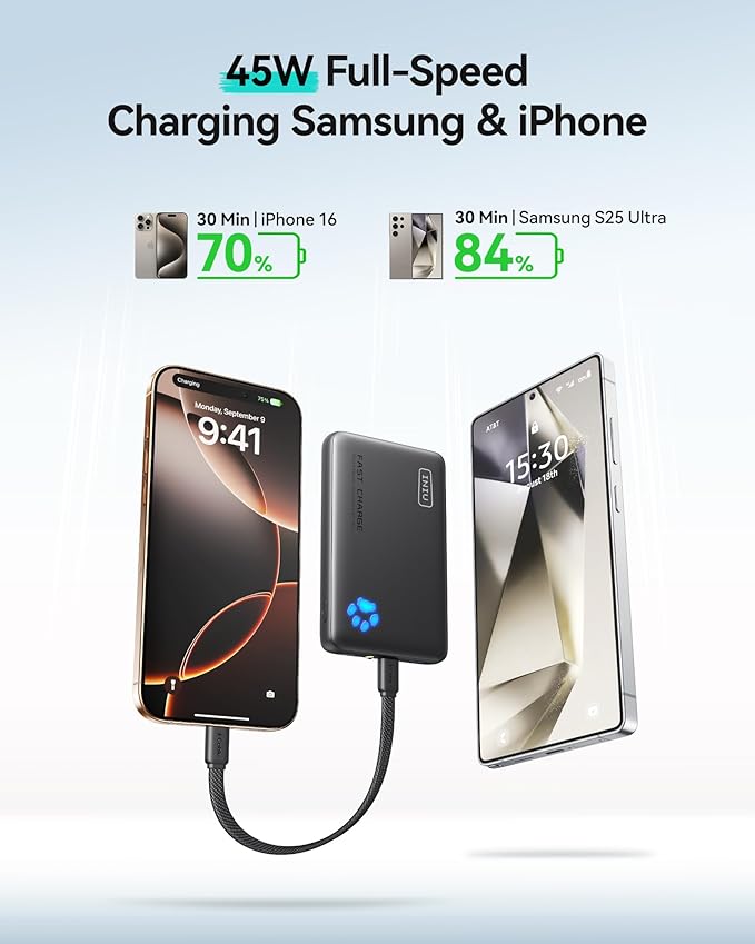 INIU Portable Charger, Ultra Slim 45W Fast Charging with Attached USB C Cable, Flight-Safe 10000mAh PD Power Bank Battery Pack, Travel Essential Phone Powerbank for iPhone 17 16 Samsung S25 Google etc