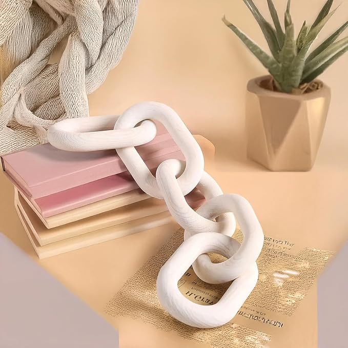 Wood Chain Link Decor, 5-Link Wooden Decorative Chain Ornament, Hand Carved Rustic Farmhouse Home Decor for Living Room, Shelves, Coffee Table (White)