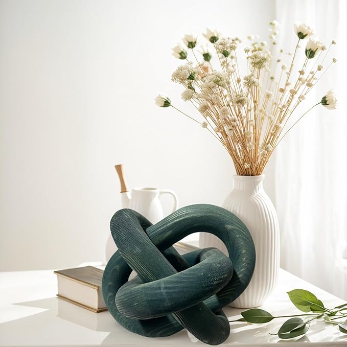 Wood Knot Decor -Coffee Table Decor Shelf Decor Table Books Hand Carved Home Decoration Boho Country Rustic Modern Shabby Chic Style 3 Link Wooden Knot Chain Link Decor (Dark Blue)