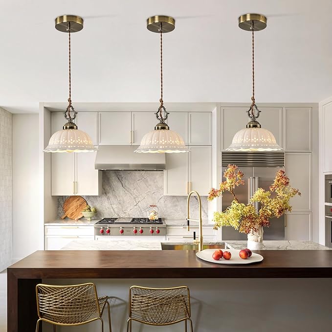 Ceramic Pendant Light 1-Light Adjustable Cord Industrial Ceiling Hanging Light Brass Vintage Chandelier for Kitchen Island Bar Dining Room Bedroom Foyer Hallway Farmhouse