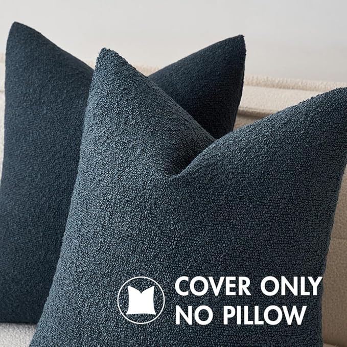 MIULEE 24x24 Decorative Euro Sham Throw Pillows for Bed Set of 2 Textured Boucle Neutral Winter Throw Pillow Covers Dark Blue Accent Solid Couch Pillowcases Sofa Livingroom Home Decor